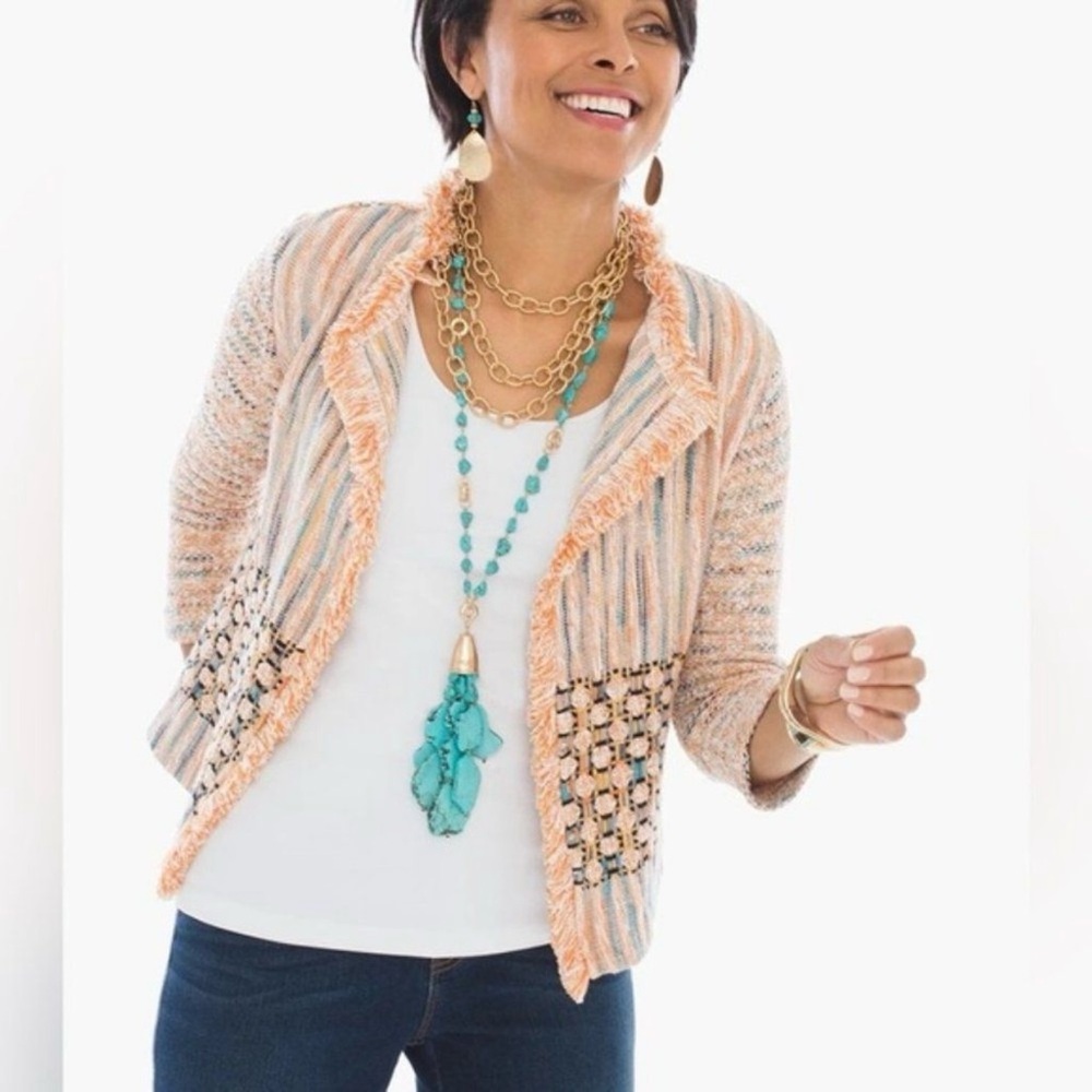 CHICO’S Textured tweed Bonnie Fringe cardigan jacket in orange multi 73% cotton